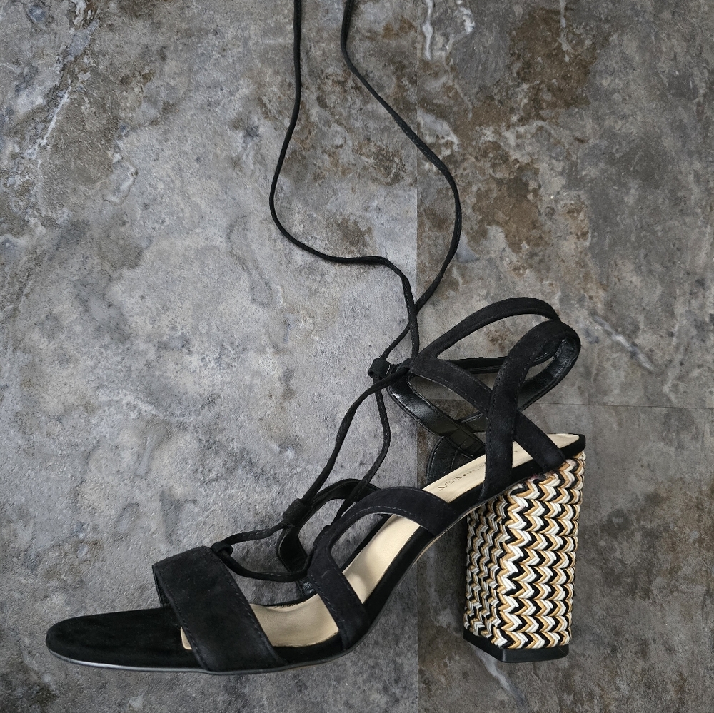 Nine West Black Strappy Heels with Gold Patterned Block Heel